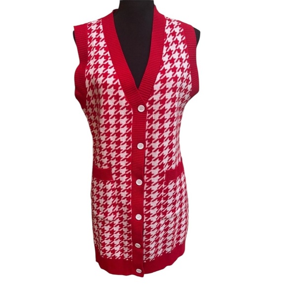 KANCY KOLE RED & WHITE HOUNDSTOOTH RETRO Y2K LONG SWEATER VEST/DRESS SZ M ❤️ - Picture 1 of 6
